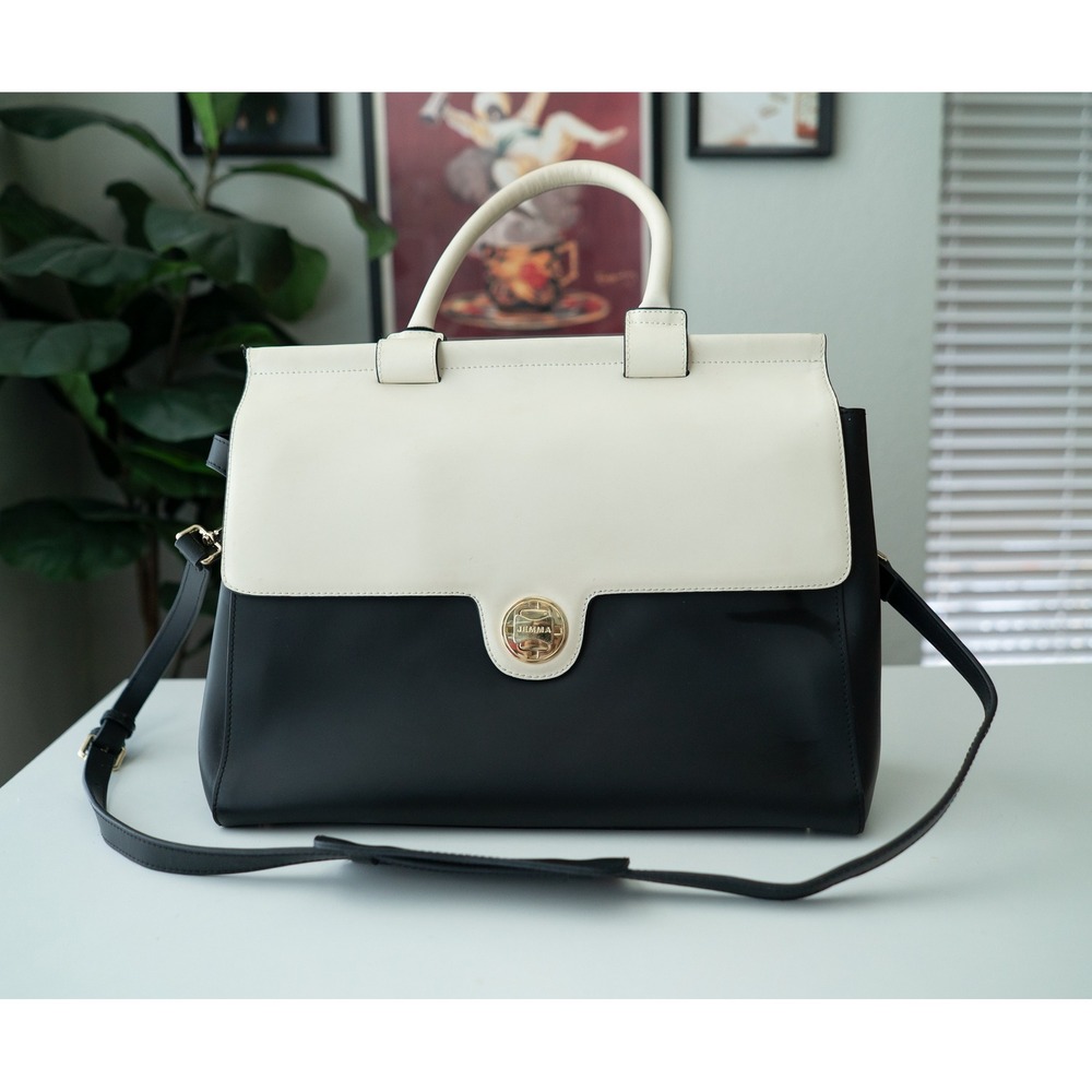 Jemma Womens Emma Work Bag Structured Colorblock Leather Satchel Black Cream